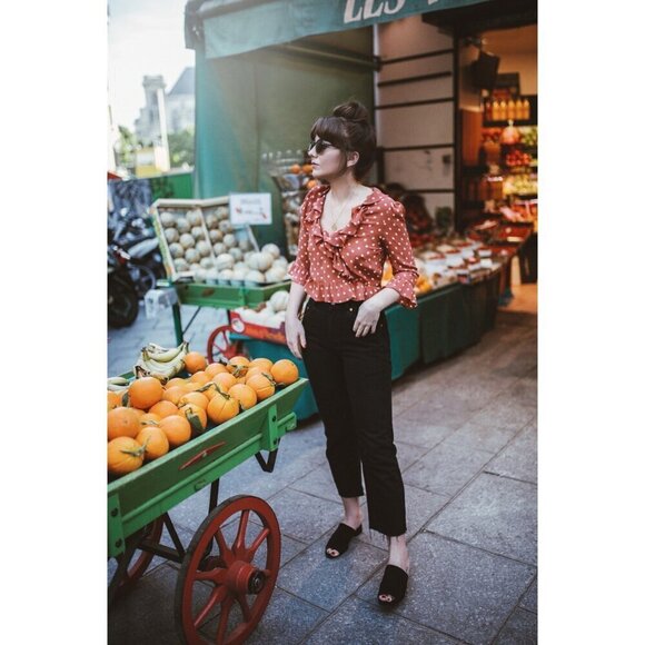 💕REALISATION PAR💕 Cher Top ~ 100% Silk Rust Spot Polka Dot Print Small - Picture 8 of 16